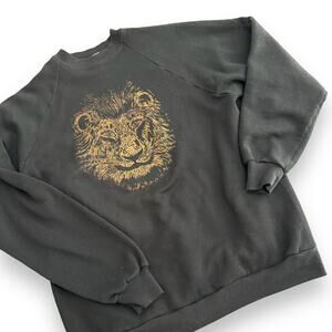 Vtg 80s JERZEES Gold Lion Sweatshirt XL Unisex Black Metallic 50/50 Pullover USA